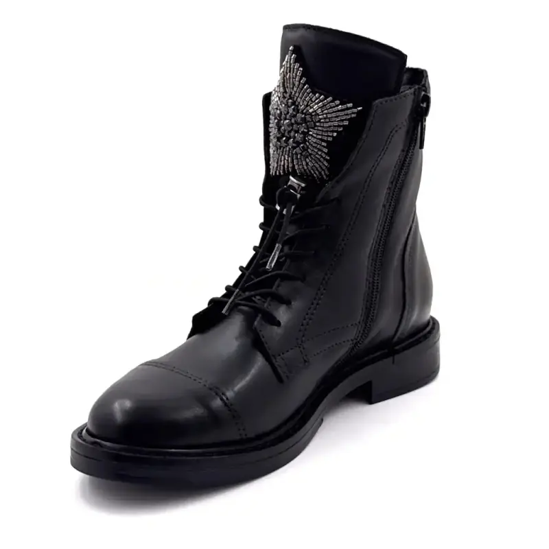 Mjus T81209 fűzős bokacsizma, fekete bőr, csillaggal díszítve Ivoire Chaussures