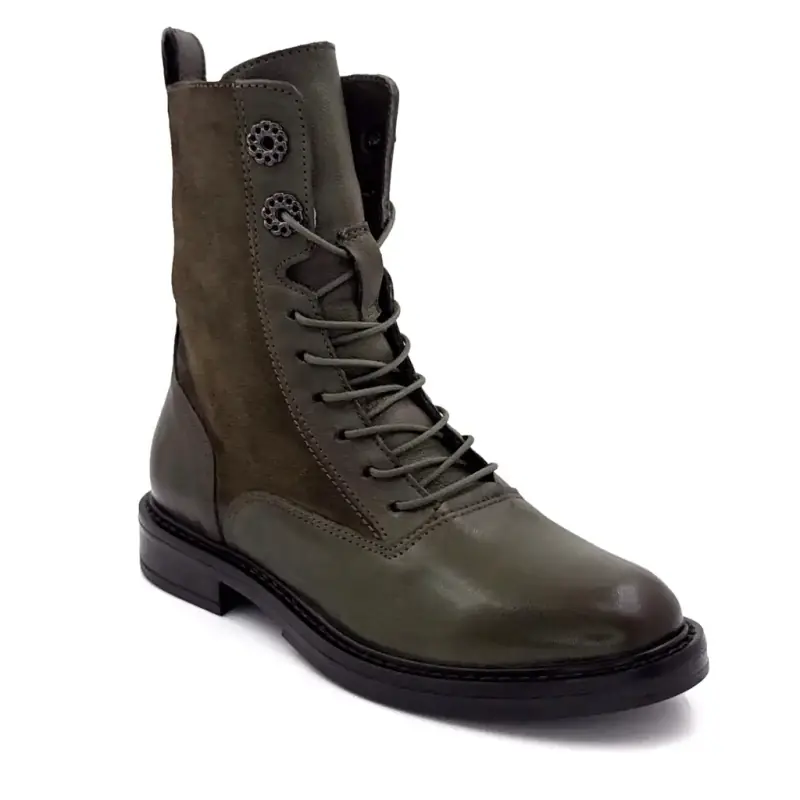Botas de cano curto com cadarço Mjus T81233, em couro e camurça, cor cáqui. Ivoire Chaussures