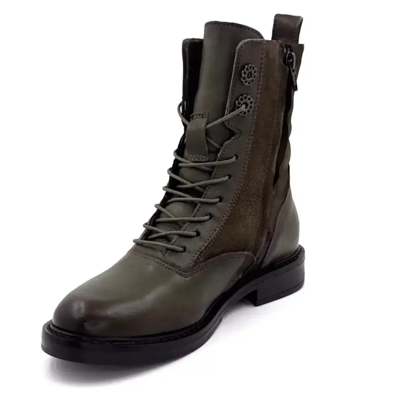 Botas de cano curto com cadarço Mjus T81233, em couro e camurça, cor cáqui. Ivoire Chaussures
