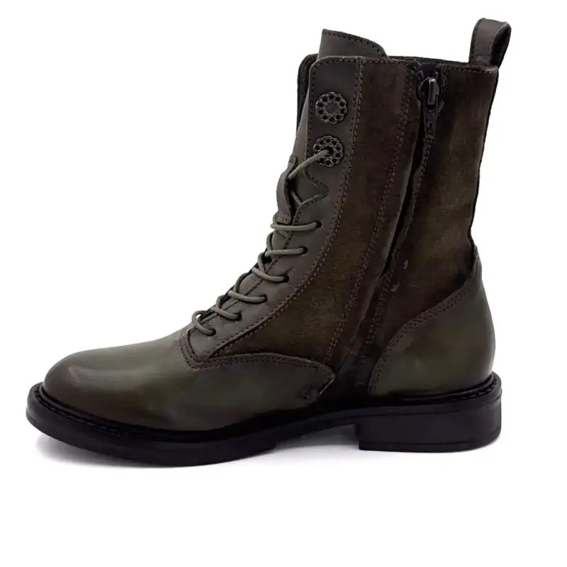 Botas de cano curto com cadarço Mjus T81233, em couro e camurça, cor cáqui. Ivoire Chaussures