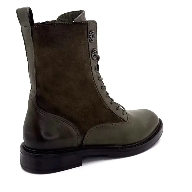 Botas de cano curto com cadarço Mjus T81233, em couro e camurça, cor cáqui. Ivoire Chaussures