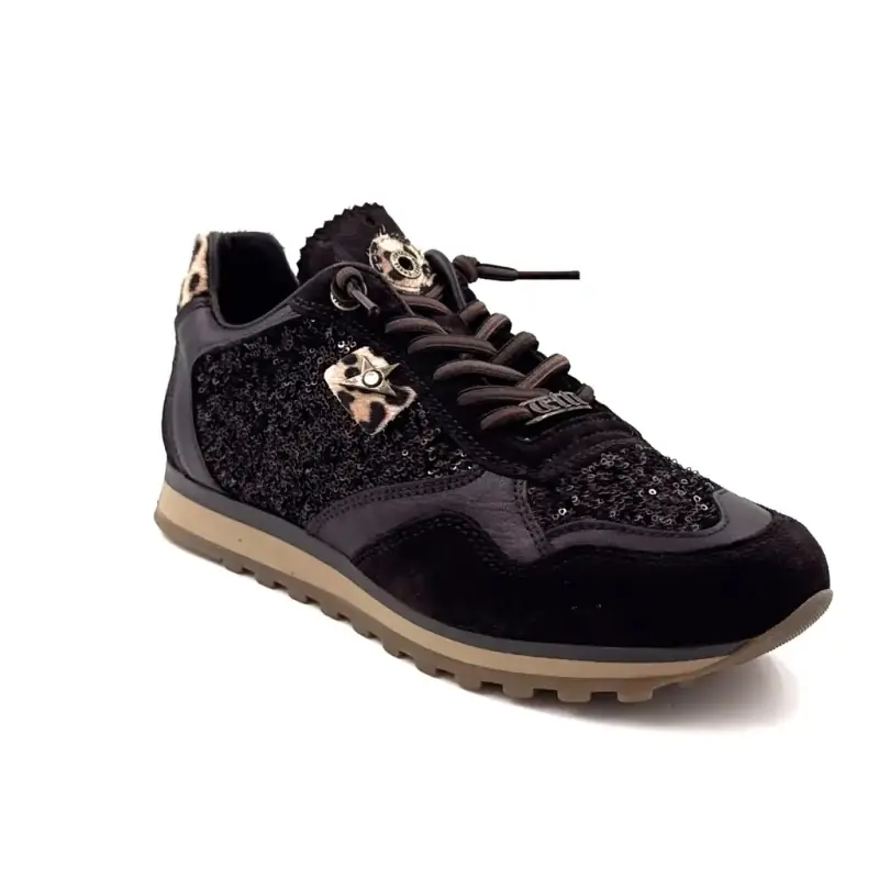 Tênis Cetti c848 Sra em couro e glitter cor chocolate Ivoire Chaussures