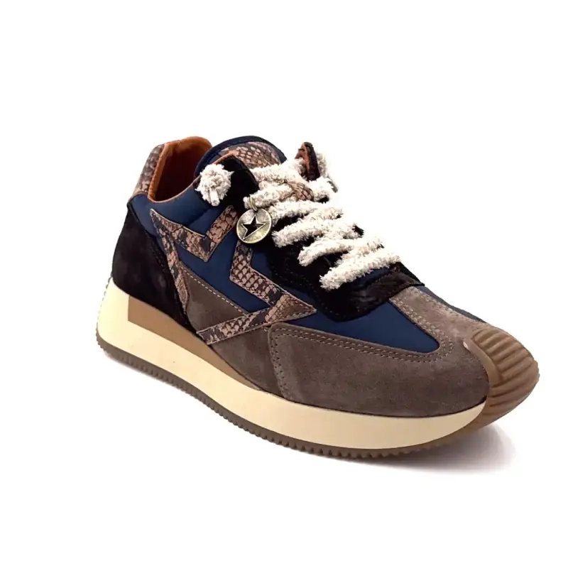 Tênis Cetti c1375 sra em couro e tecido, azul-marinho e bege. Ivoire Chaussures