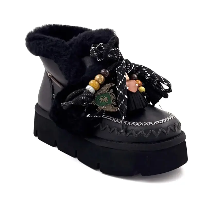 Bottines Fourrées Nan Ku Gfh02 Cuir Noir Ivoire Chaussures