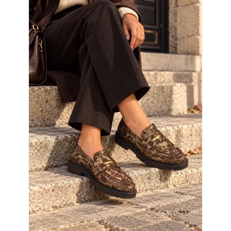 Ivoire 314 bis civity Leather Metal Gold & Brown Moccasins %price%