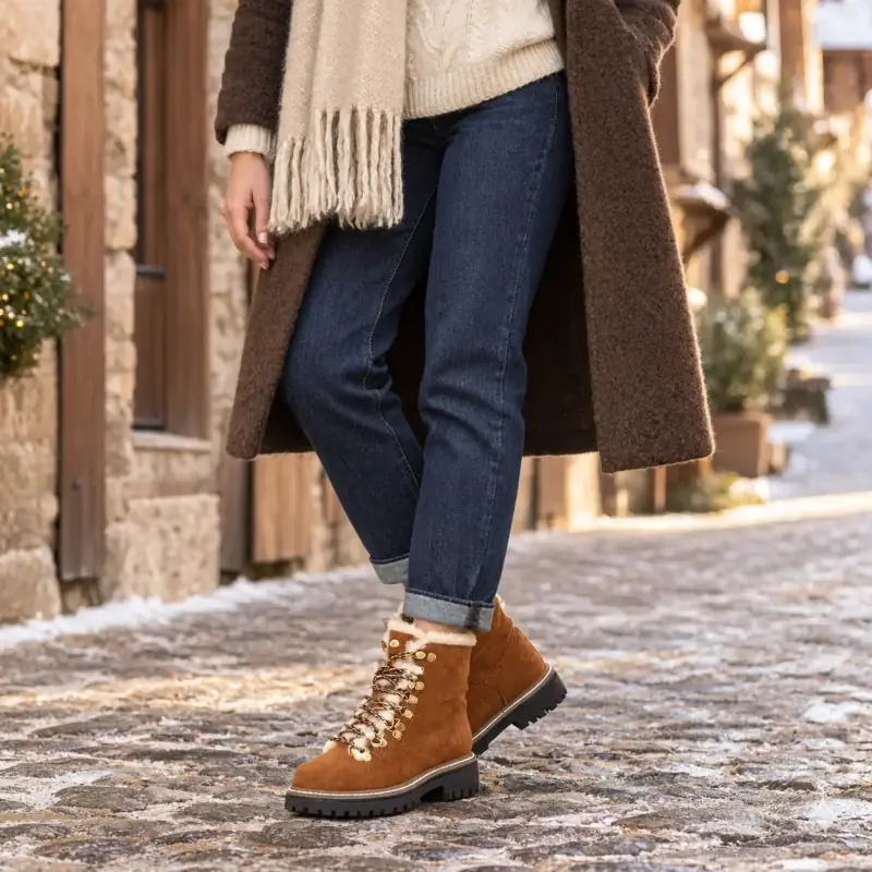 Hooper Shoes Layla Stiefeletten aus kamelfarbenem Wildleder mit Lammfellfutter %shop-name%
